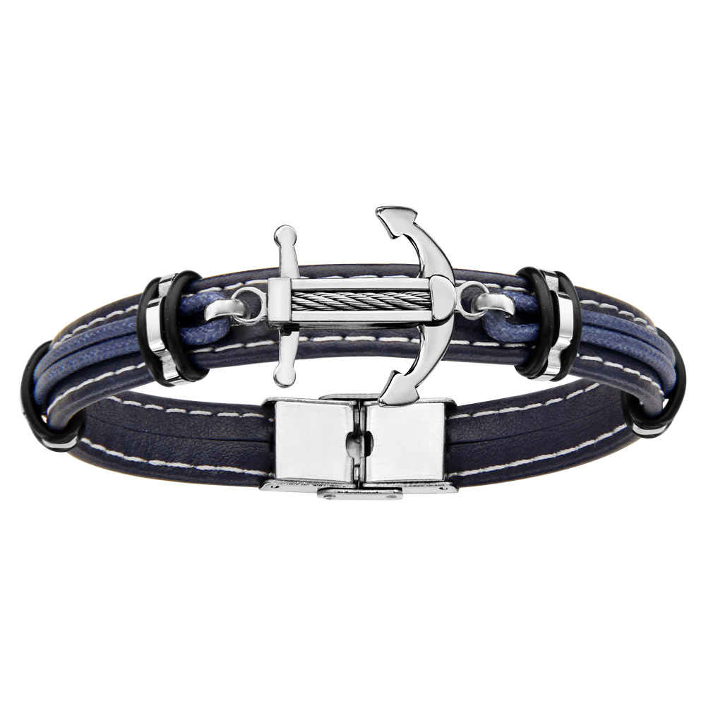 Bracelet en cuir bleu marine avec ancre de marine en acier ornée d&rsquo;1 câble au centre – longueur 21cm