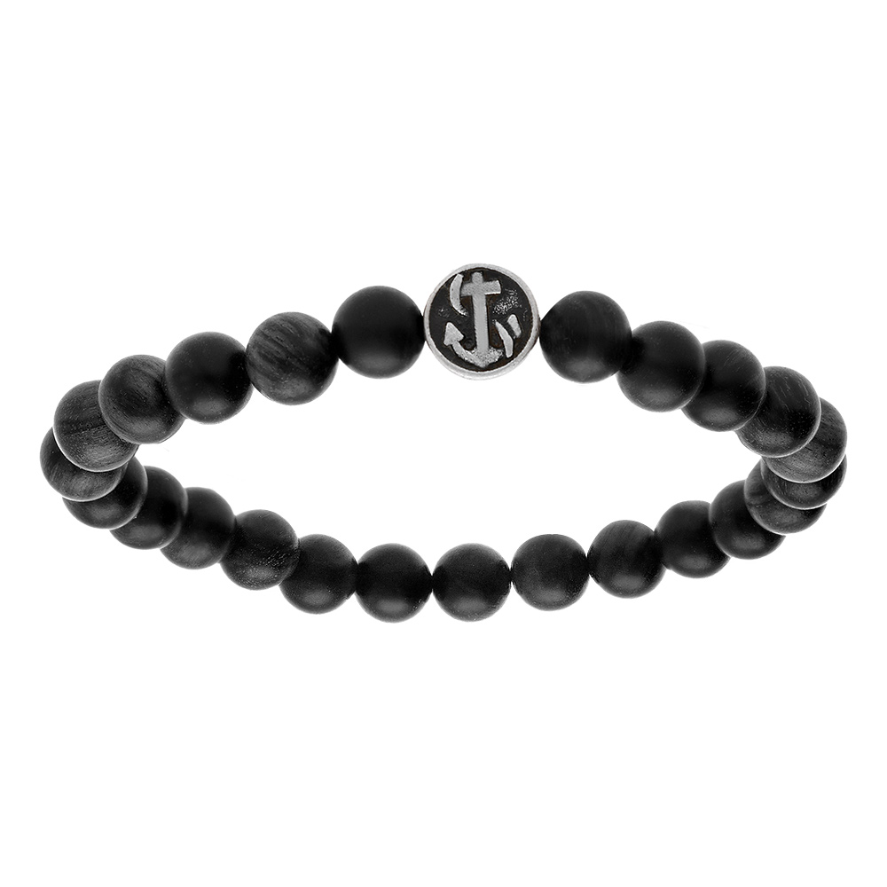 Bracelet en acier élastique perles en bois noir motif marin patiné Recto/Verso