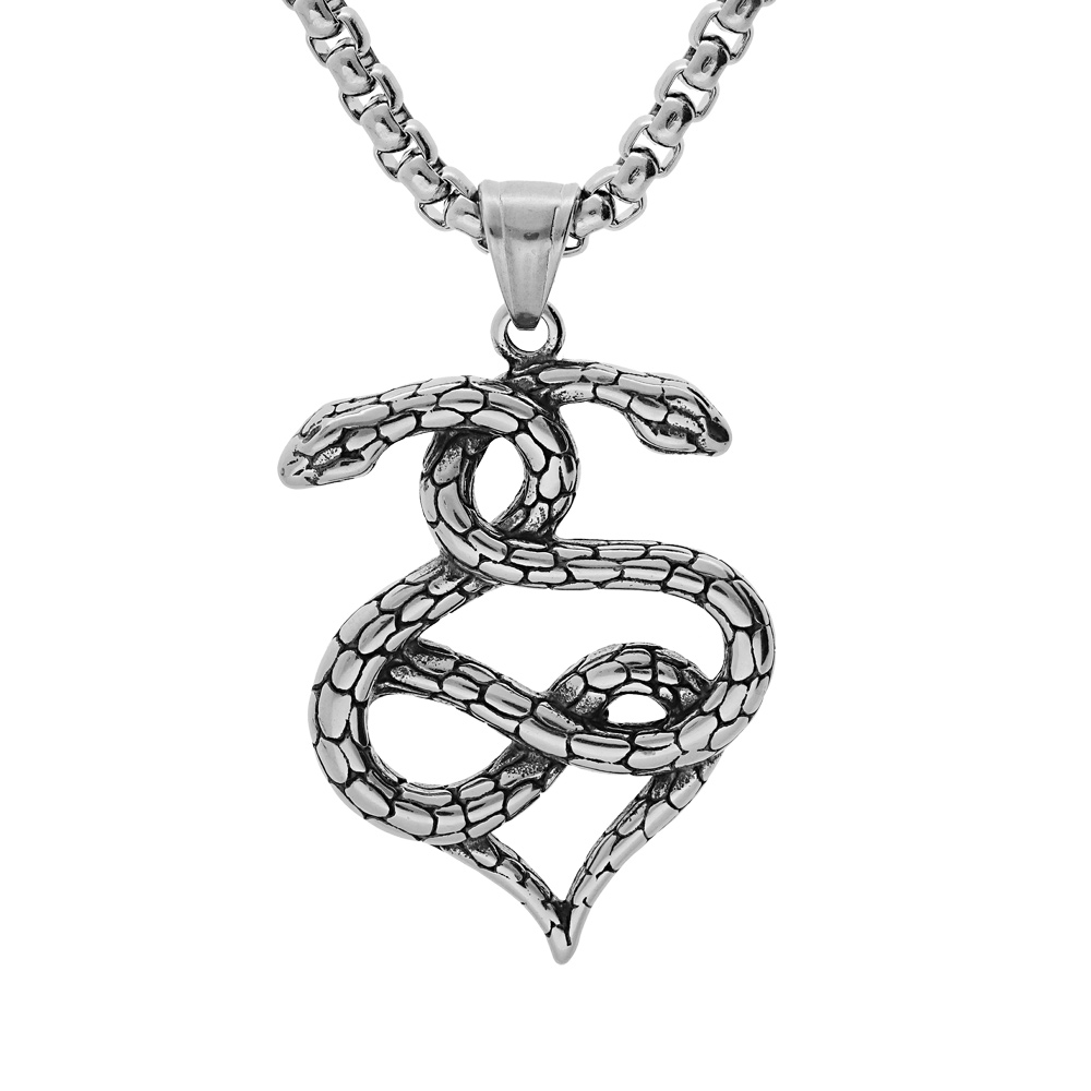 Collier en acier chaîne avec pendentif serpent 40*30mm enroulé forme coeur 52+5cm