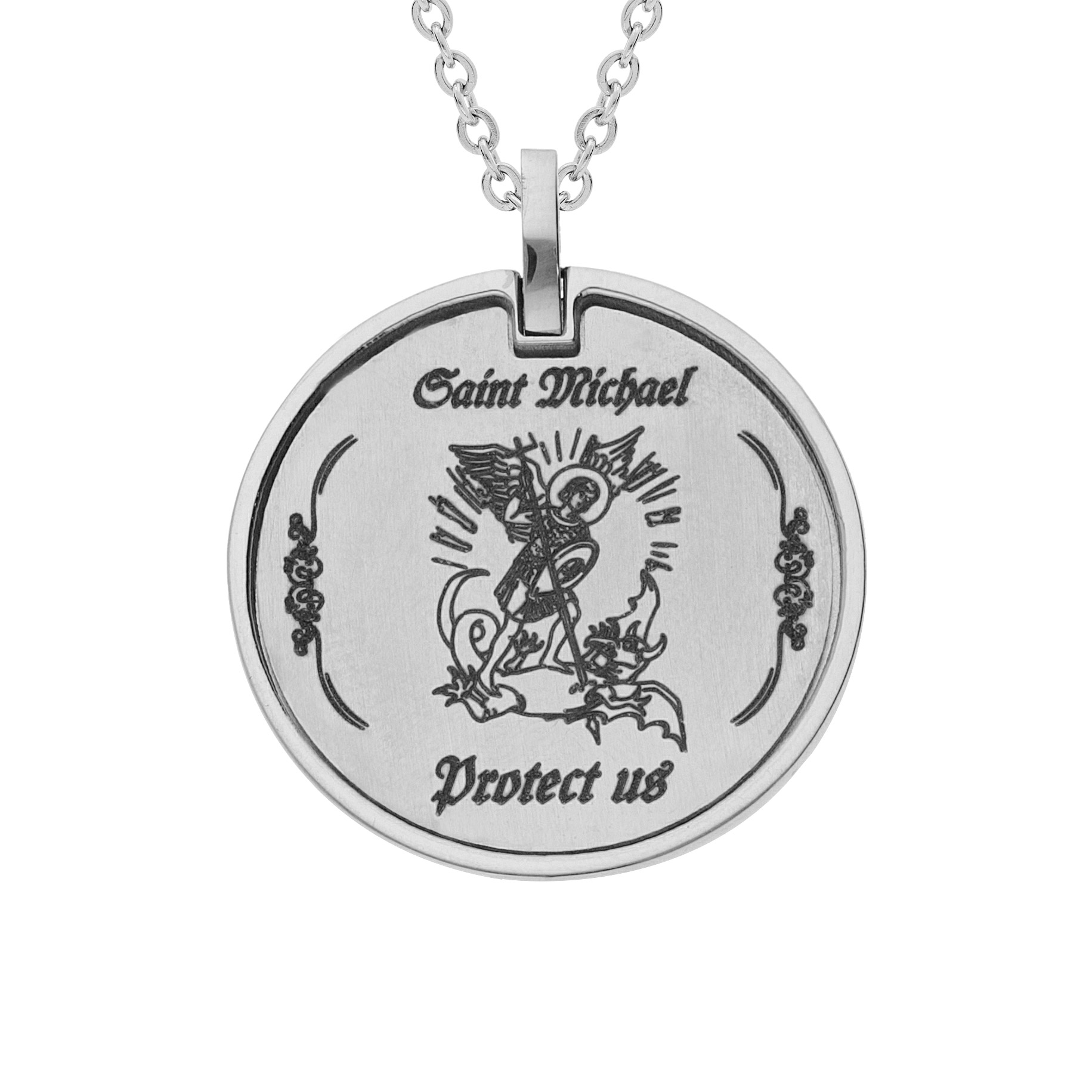 Collier en acier chaîne avec pendentif rond Saint Michel – protège nous 50+5cm