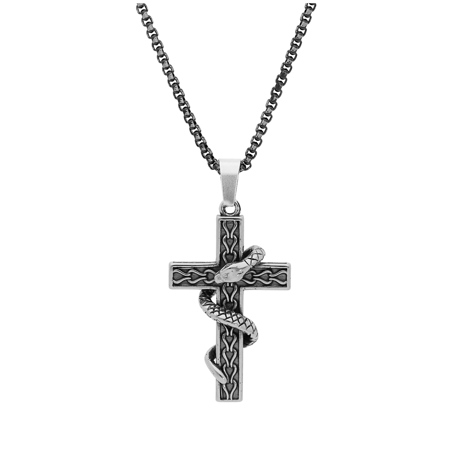 Collier en acier patiné chaîne avec pendentif croix et serpent enroulé 50+10cm