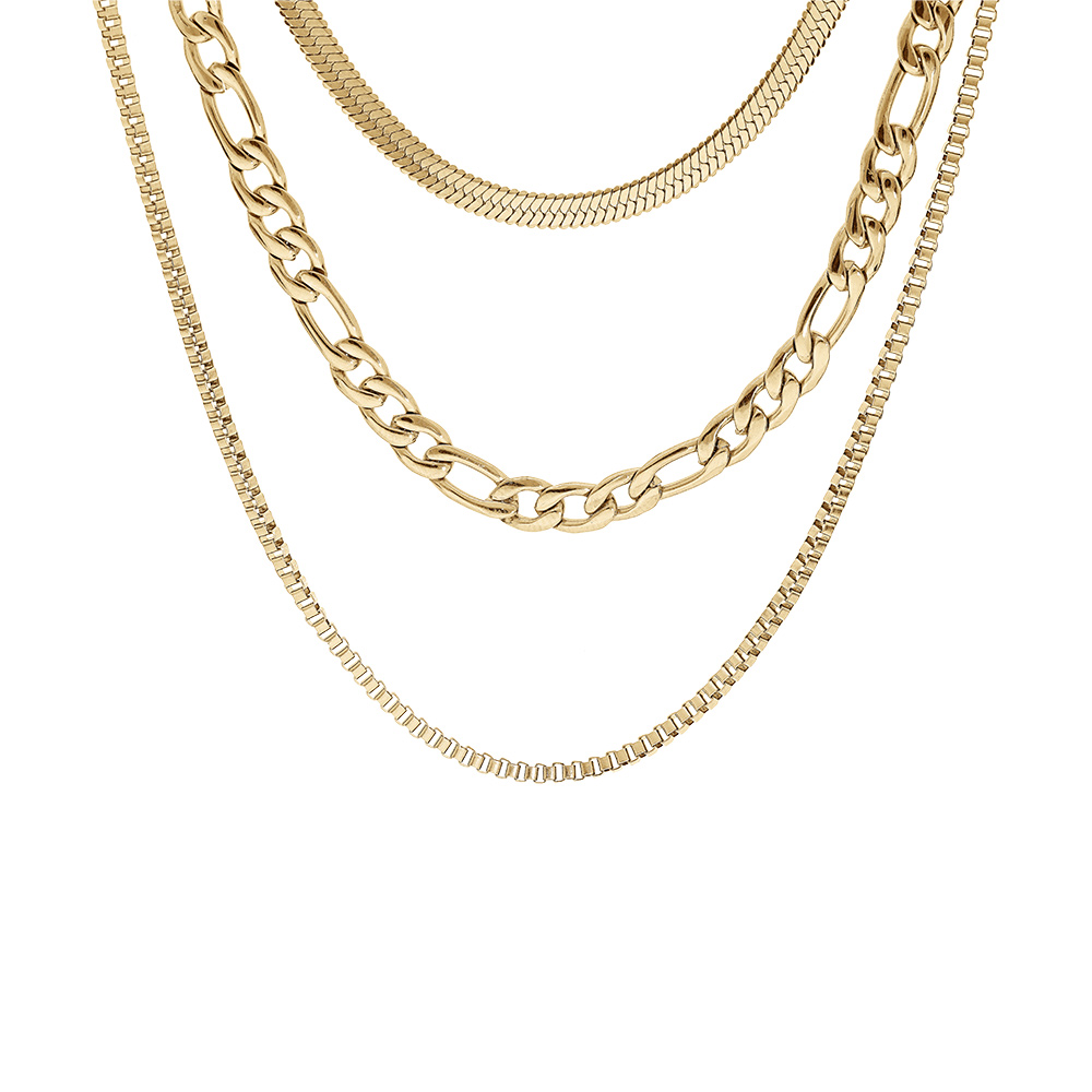 Collier en acier PVD jaune 3 chaînes avec 3 maillages différents longueur 38+5cm