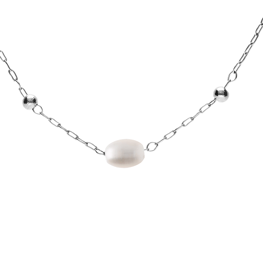 Collier en acier perles blanches ovales imitation 44+5cm