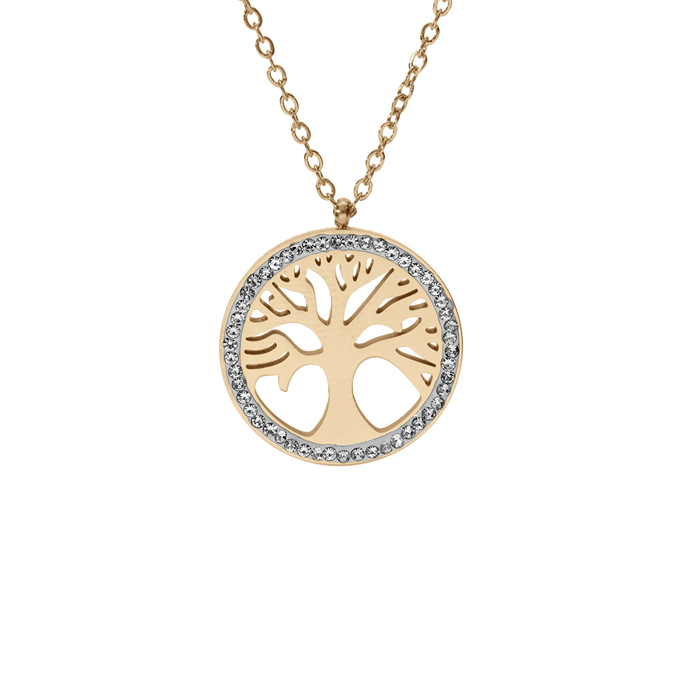 Collier en acier PVD doré pendentif arbre de vie résine et strass 39+4cm