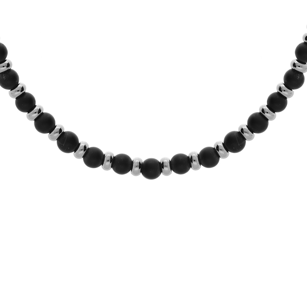 Collier en acier et boules en pierres Onyx mat véritable 50+5cm