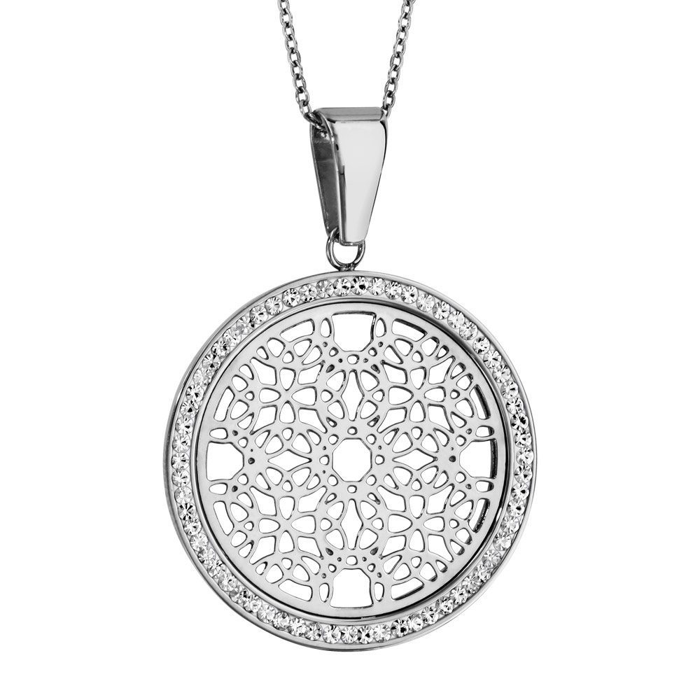 Collier en acier chaîne avec pendentif rond en résine et strass blancs avec rosaces à l’intérieur – longueur 45cm + 5cm de rallonge