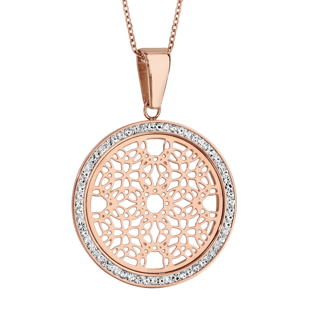 Collier en acier et PVD rose chaîne avec pendentif rond en résine et strass blancs avec rosaces à l’intérieur – longueur 45cm + 5cm de rallonge