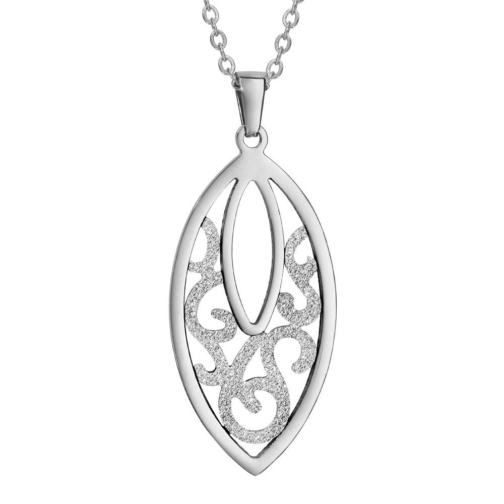 Collier en acier chaîne avec pendentif amande avec volutes granitées découpés – longueur 42cm + 4cm de rallonge