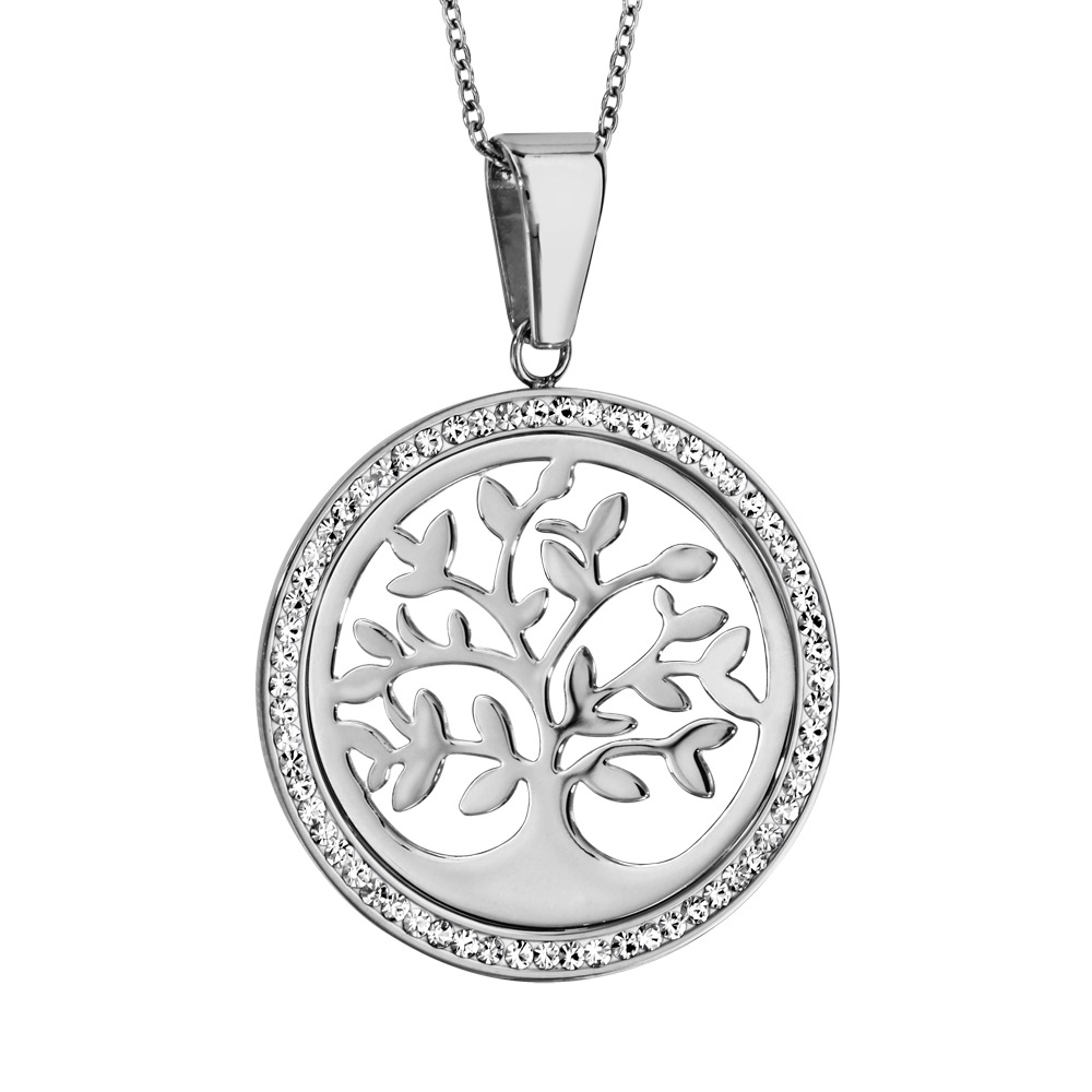 Collier en acier chaîne avec pendentif rond avec arbre de vie ajouré et contour en résine et strass blanc – longueur 42cm + 8cm de rallonge