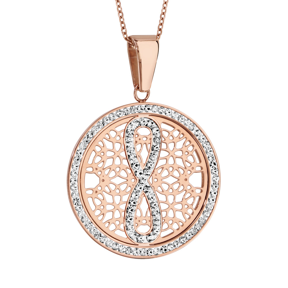Collier en acier et PVD rose chaîne avec pendentif rond avec motifs ajourés et infini et contour en résine et strass blanc – longueur 42cm + 8cm de rallonge