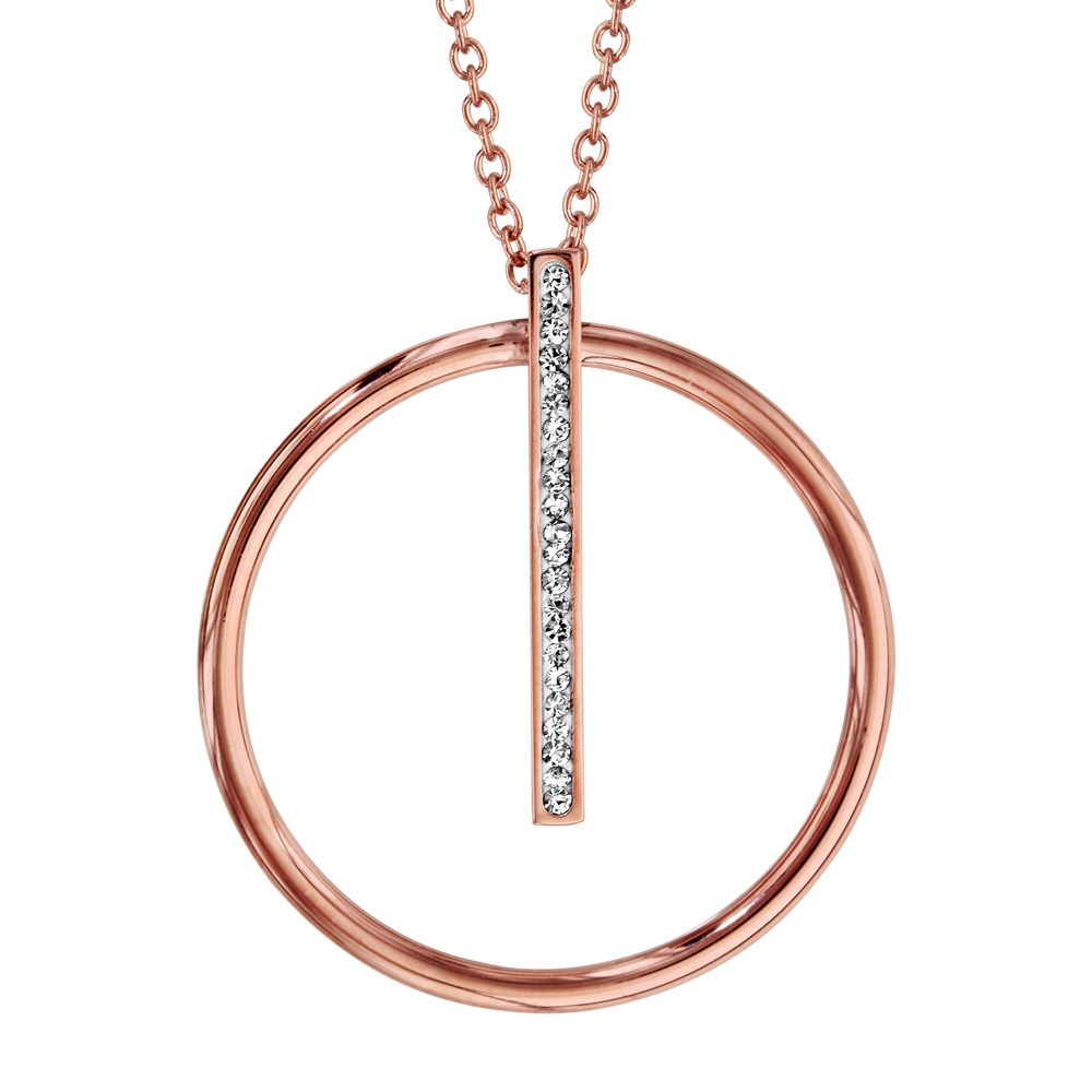 Collier en acier et PVD rose chaîne avec pendentif anneau suspendu par 1 rail en résine et strass blancs – longueur 40cm + 5cm de rallonge