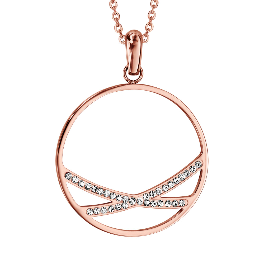 Collier en acier et PVD rose chaîne avec pendentif anneau avec à l’intérieur 2 branches en résine et strass blancs – longueur 40cm + 5cm de rallonge