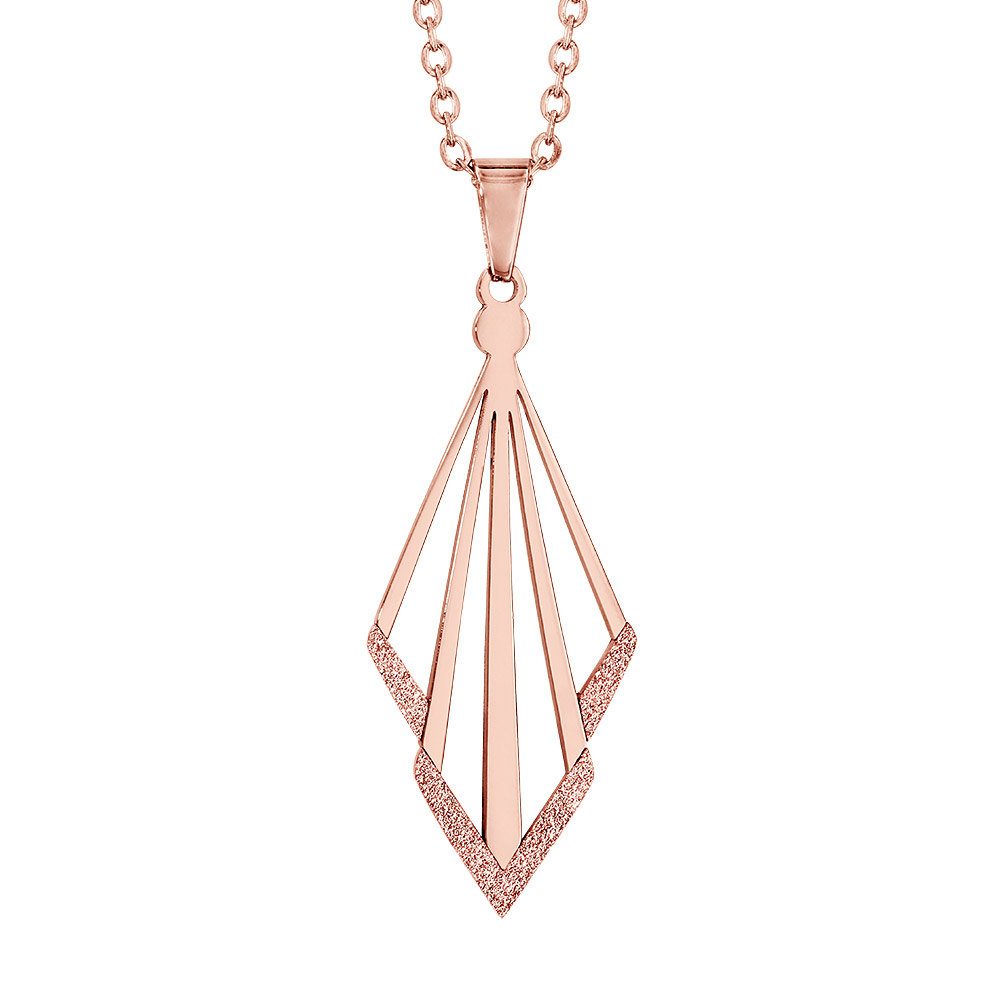Collier en acier et PVD rose chaîne avec pendentif triangles disposés en losange avec granité gris en bas – longueur 42cm + 4cm de rallonge