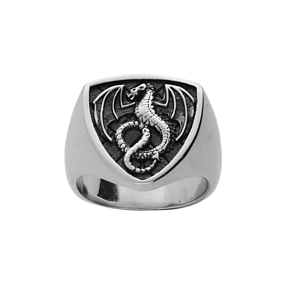 Bague en acier forme écusson fond patiné dragon