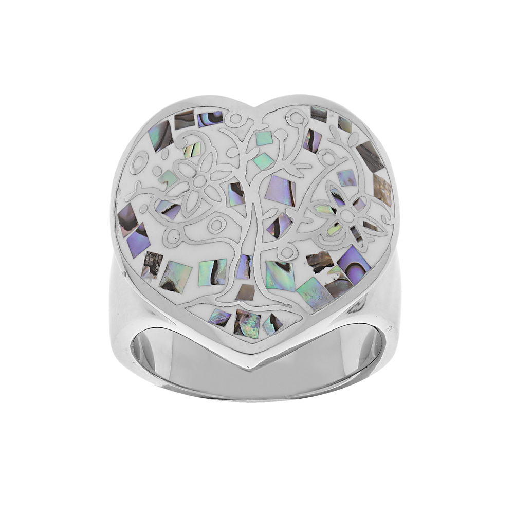 Bague Stella Mia en acier forme coeur motif arbre de vie couleur avec nacre