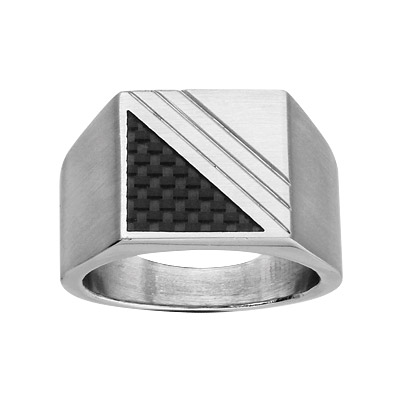 Chevalière en acier plateau carré avec carbone