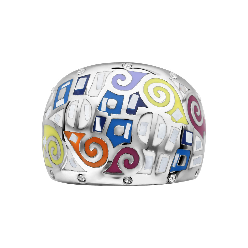 Bague Stella Mia en acier bombée motifs spirales et formes multicolores et nacre blanche véritable