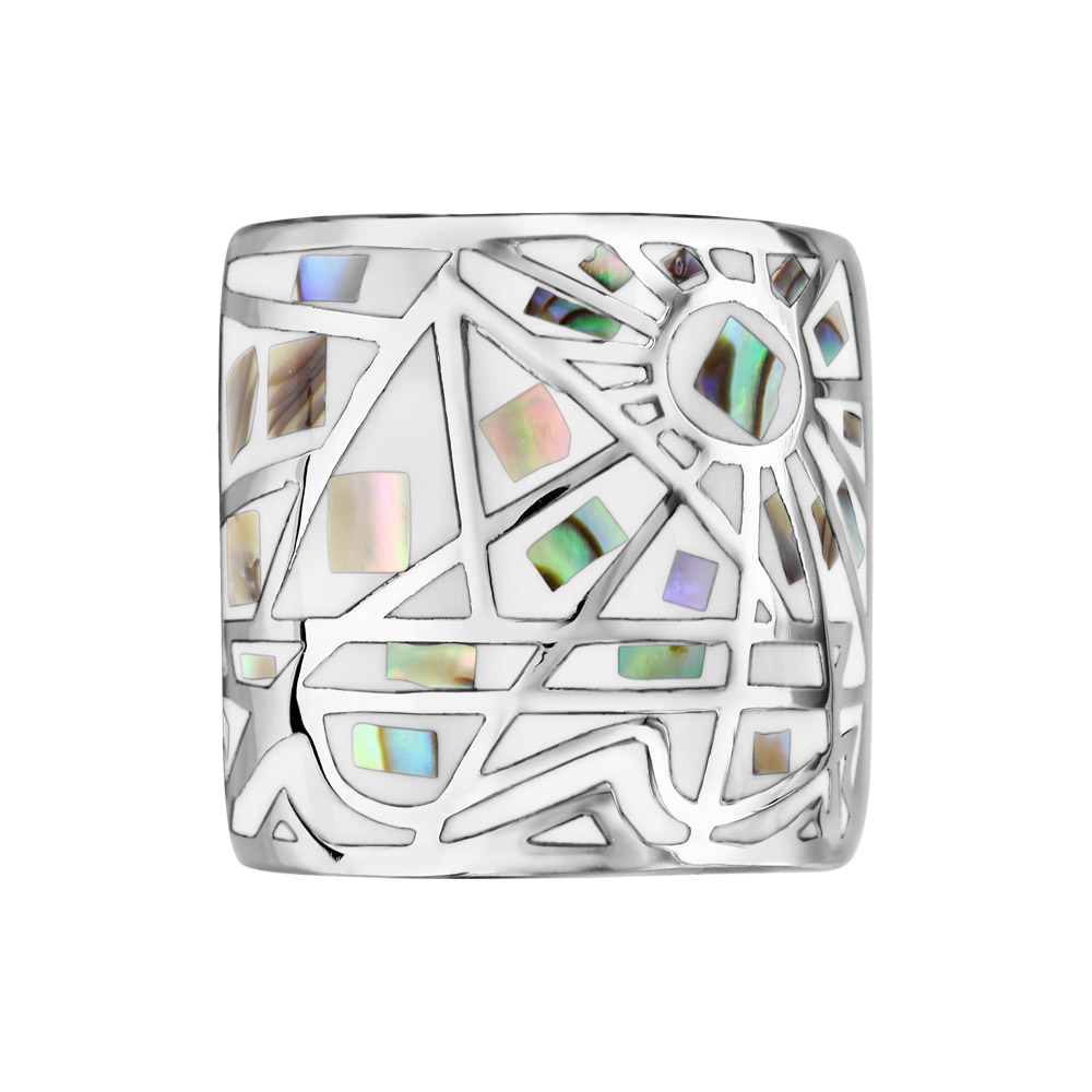 Bague Stella Mia en acier et nacre blanche véritable motifs géométriques et blanc