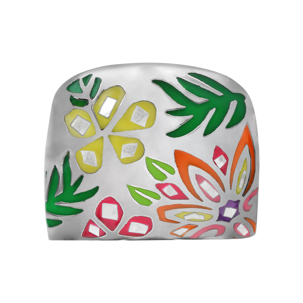Bague Stella Mia en acier et nacre forme ovale avec motifs plantes orange, jaune, rose et vert
