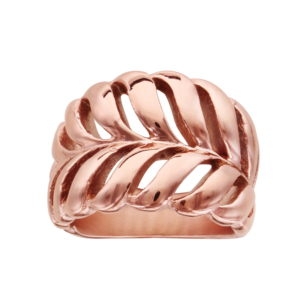 Bague en acier et PVD rose avec feuille fougère ajourée