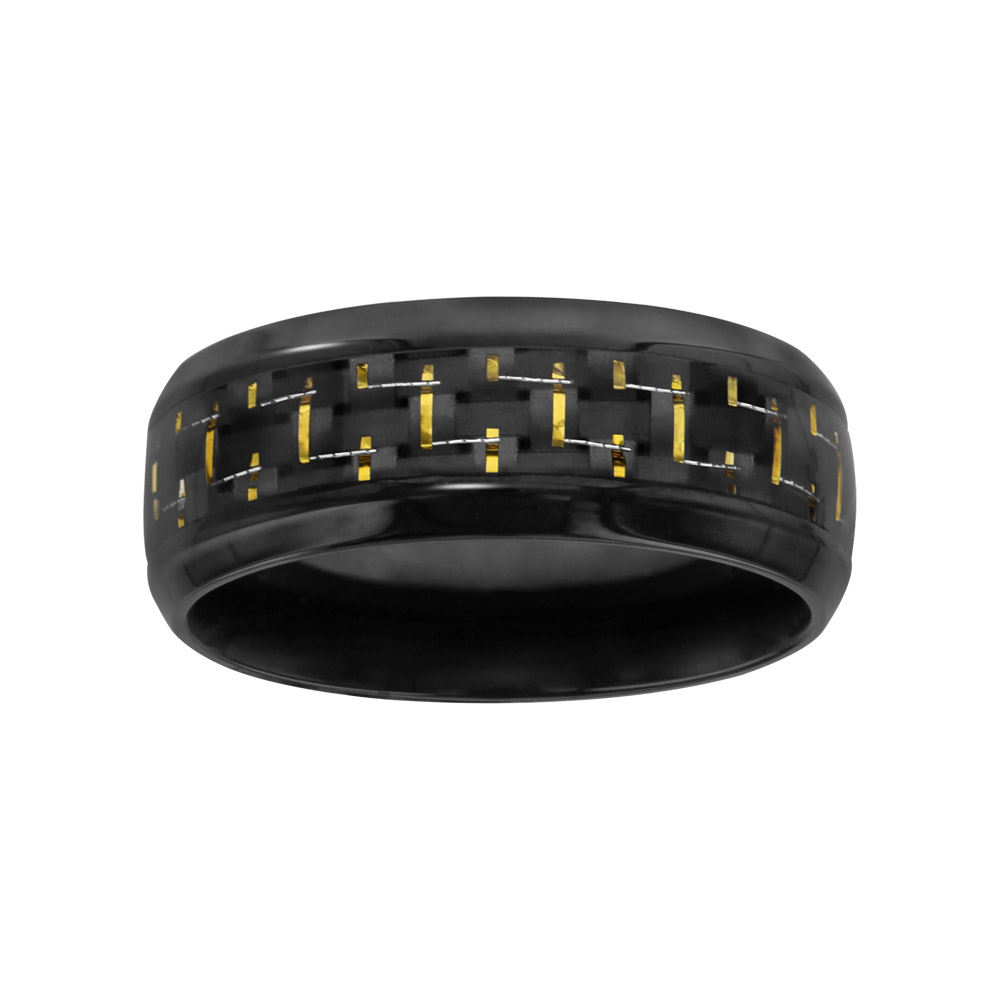 Bague en acier et PVD noir avec quadrillage en carbone et fils dorés