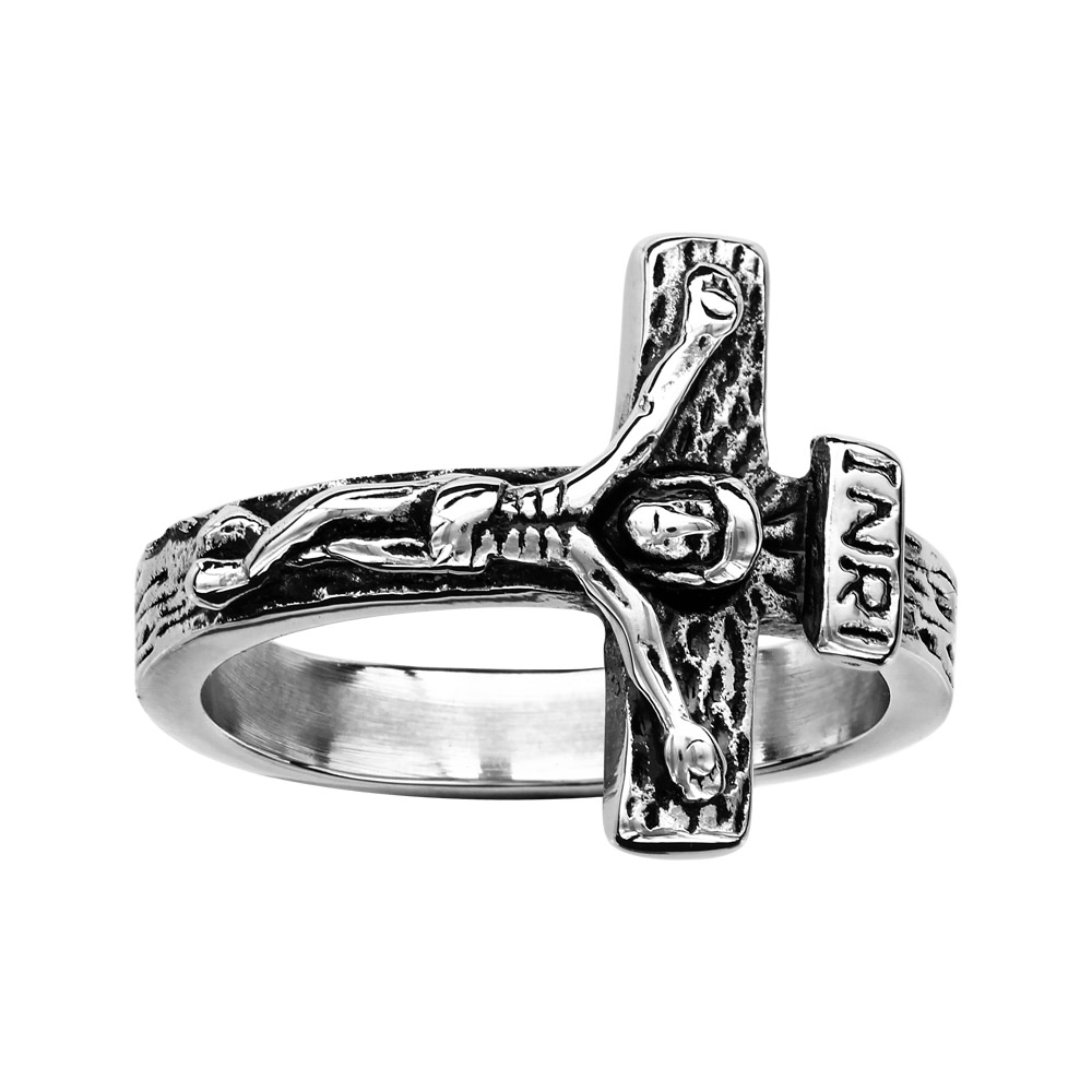Bague en acier patiné Jésus sur la croix