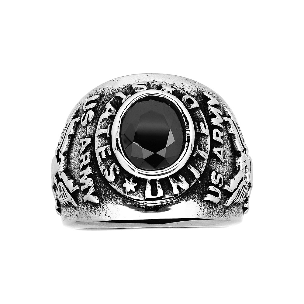 Chevalière universitaire en acier patiné vétéran avec plateau oxyde noir