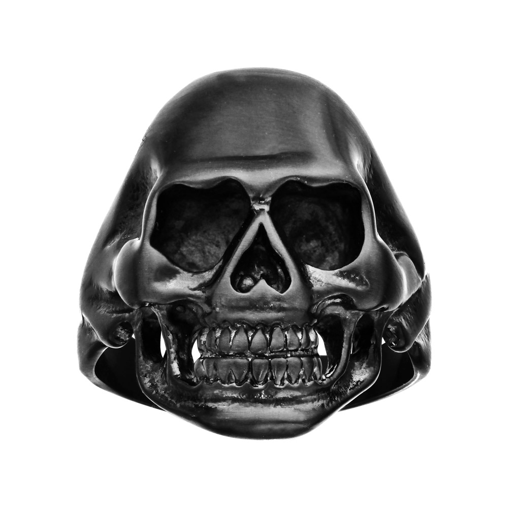 Chevalière en acier et PVD noir grosse tête de mort