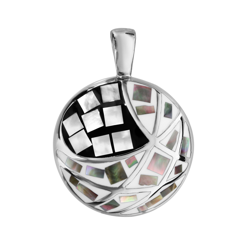 Pendentif Stella Mia en acier et nacre blanche véritable rond avec motifs géométriques et noir et blanc