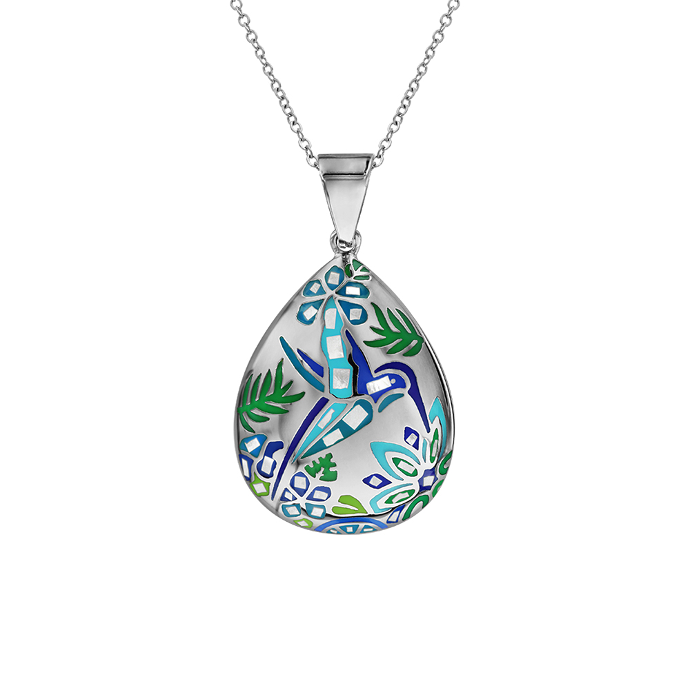 Pendentif Stella Mia en acier et nacre blanche véritable forme goutte avec motifs colibris bleu vert
