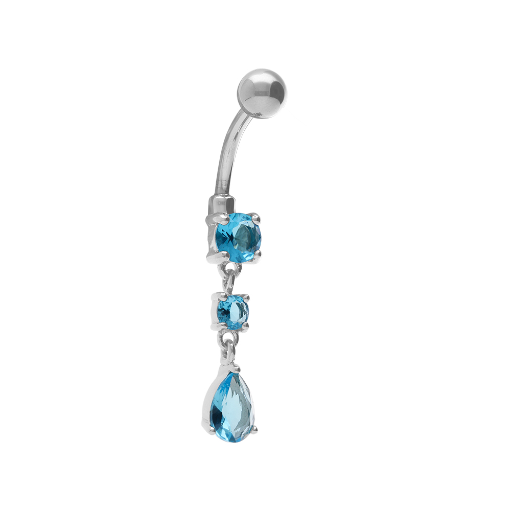 Piercing de nombril en acier 3 oxydes bleu ciel suspendus dont 1 en forme de goutte