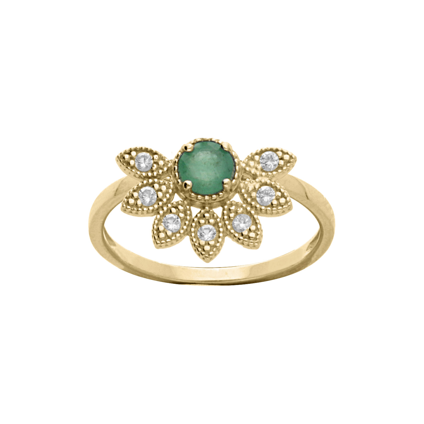 Bague en vermeil demi fleur d’Emeraude véritable et topazes blanches
