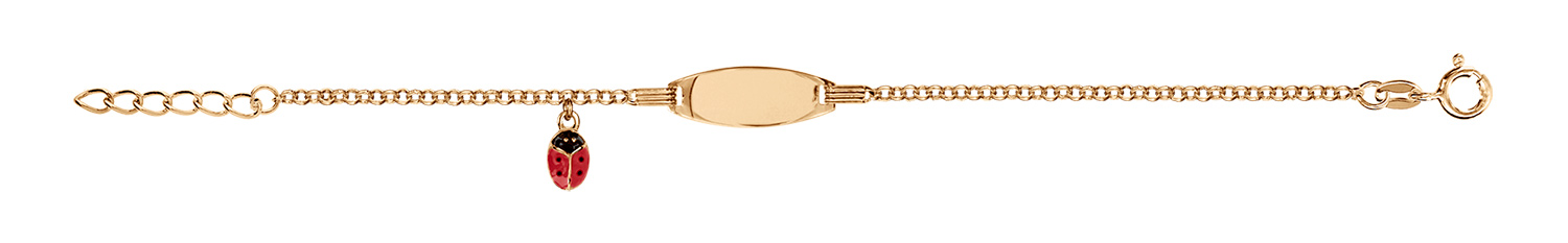 Gourmette bébé en plaqué or avec plaque ovale et pampille coccinelle rouge 13+2cm