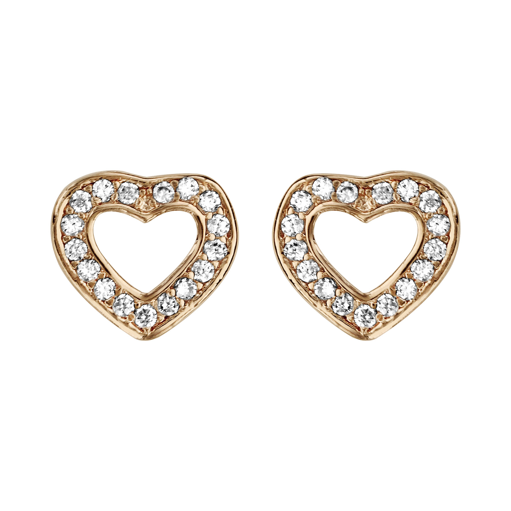 Boucles d&rsquo;oreilles en plaqué or coeur évidé et tour pavé d&rsquo;oxydes blancs et fermoir poussette