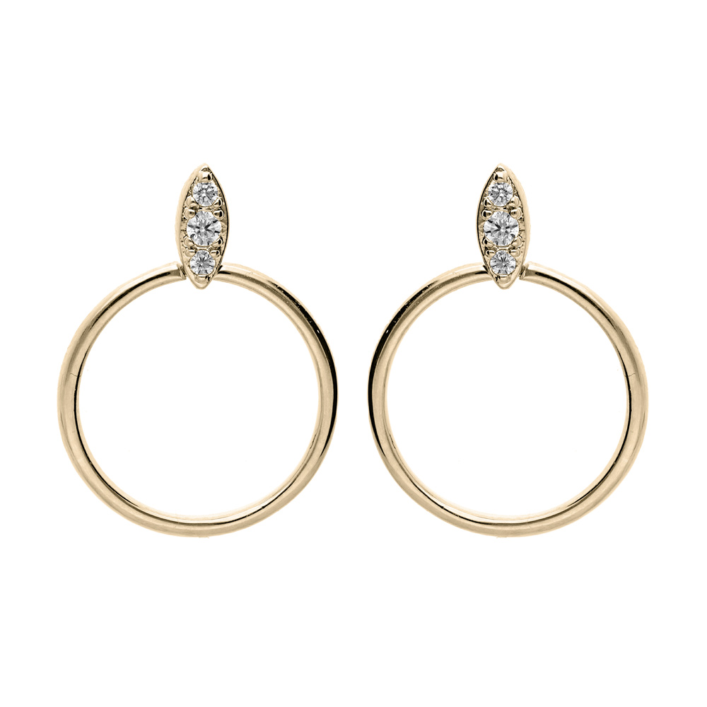Boucles d’oreille en plaqué or cercle suspendu sur navette d’oxydes blancs sertis et fermoir poussette