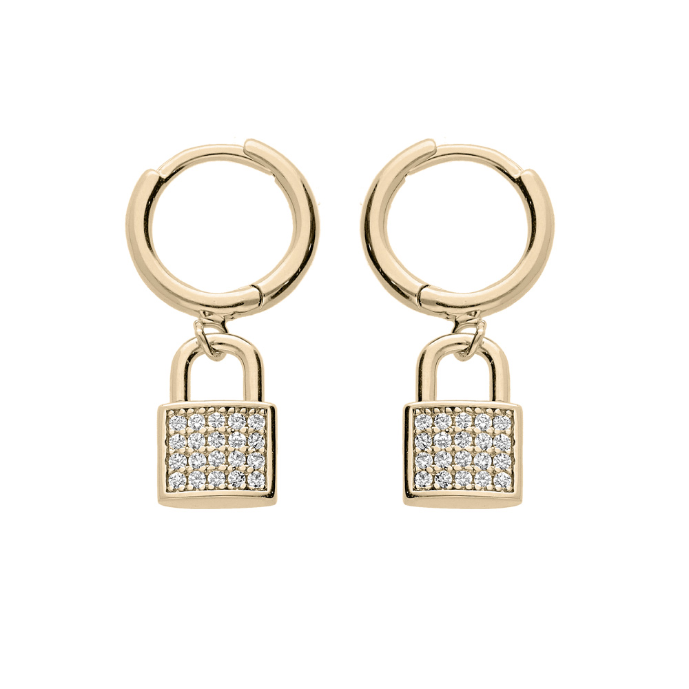 Créoles en plaqué or avec pampille cadenas pavée d’oxydes blancs sertis