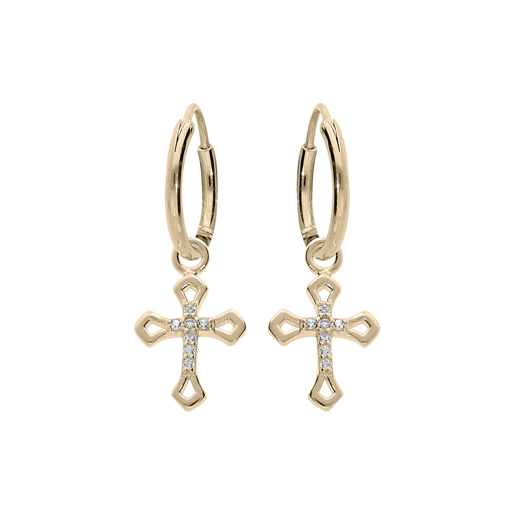 Créoles en plaqué or 10mm avec pampille croix oxydes blancs sertis