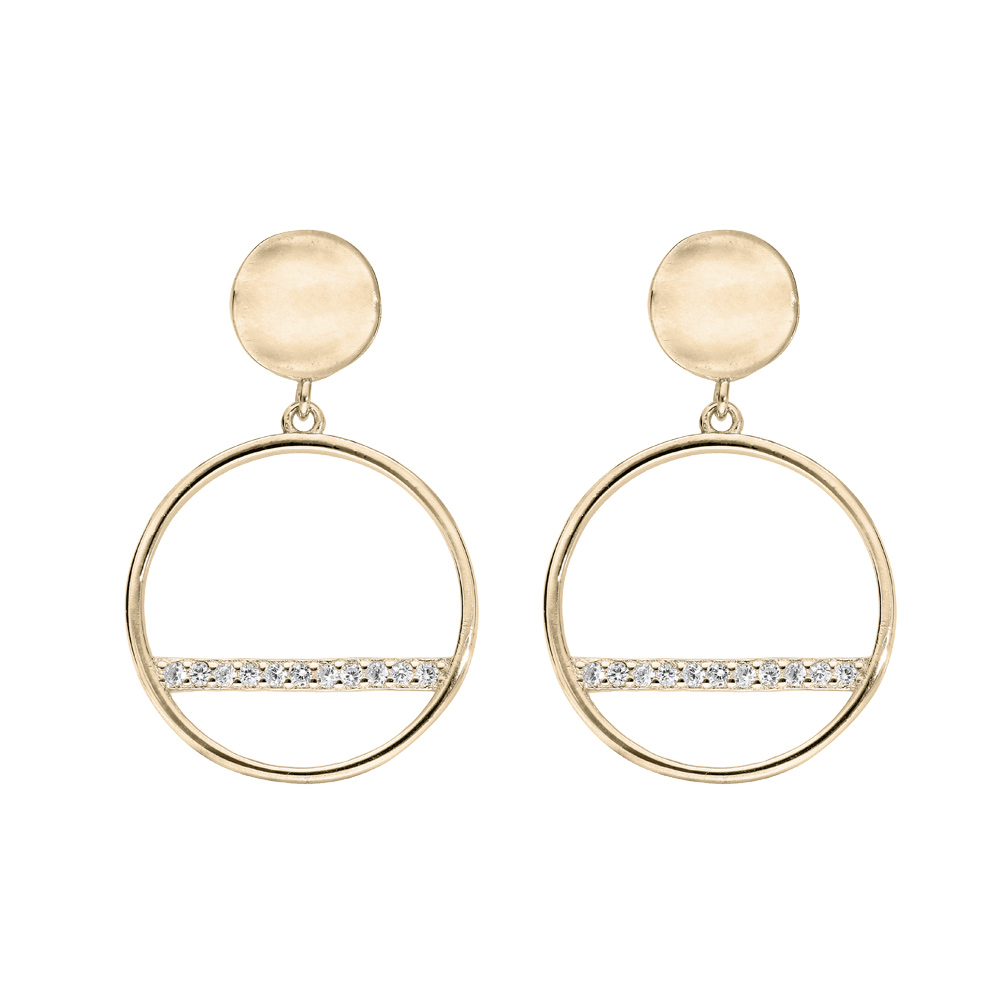 Boucles d’oreille en plaqué or cercle suspendu avec barrette oxydes blancs sertis et fermoir poussette