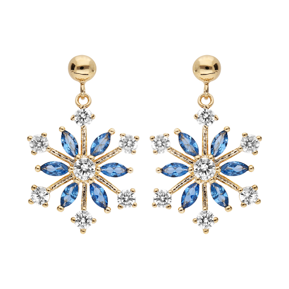 Boucles d&rsquo;oreille pendantes en plaqué or flocon de neige oxydes blancs sertis et navettes bleues et fermoir poussette