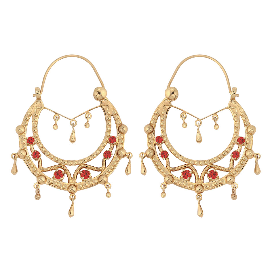 Créoles ethniques en plaqué or ornées de cristal synthétique rouge avec pampilles – diamètre anneaux 33mm