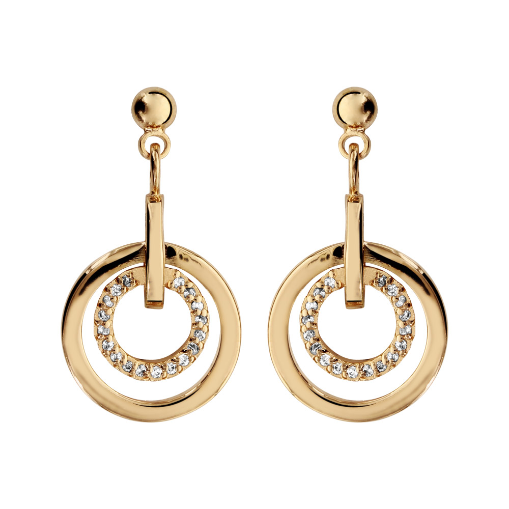 Boucles d’oreilles pendantes en plaqué or anneaux lisses avec oxydes blancs et fermoir poussette