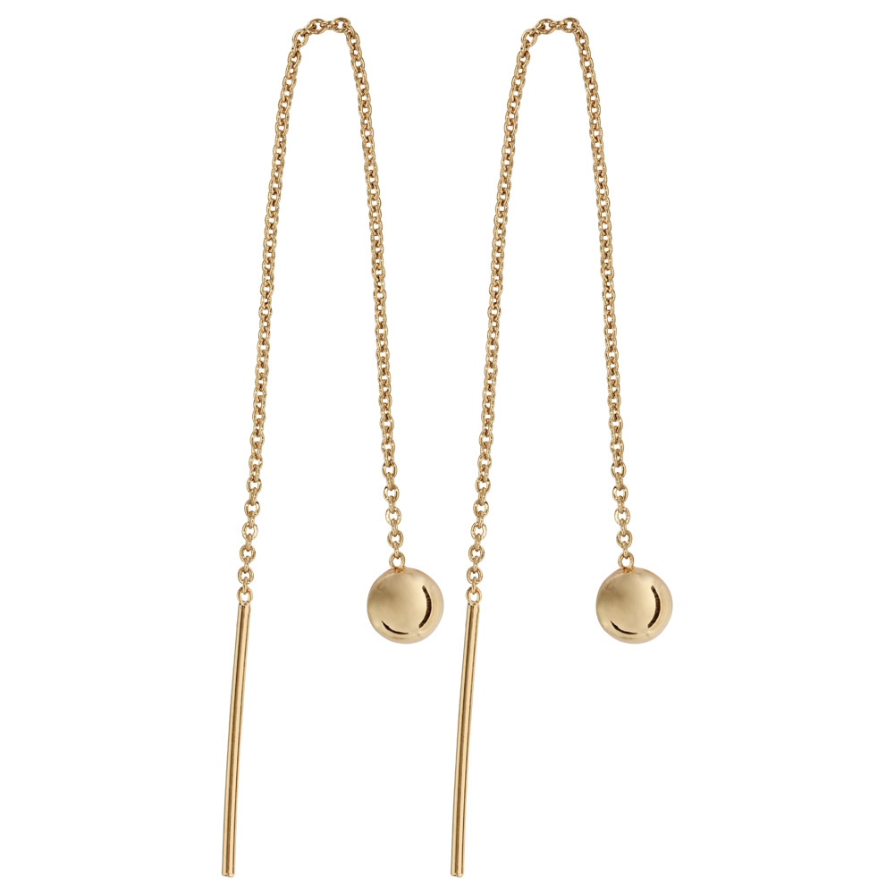Boucles d’oreilles passantes en plaqué or chaînette avec boule lisse à 1 extrémité et baguette à l’autre