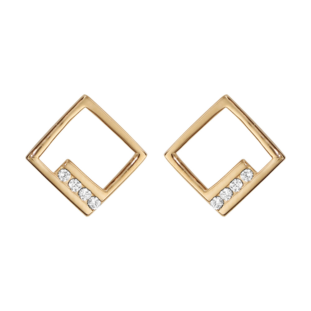 Boucles d’oreilles en plaqué or carré ajouré et oxydes blancs sertis et fermoir poussette