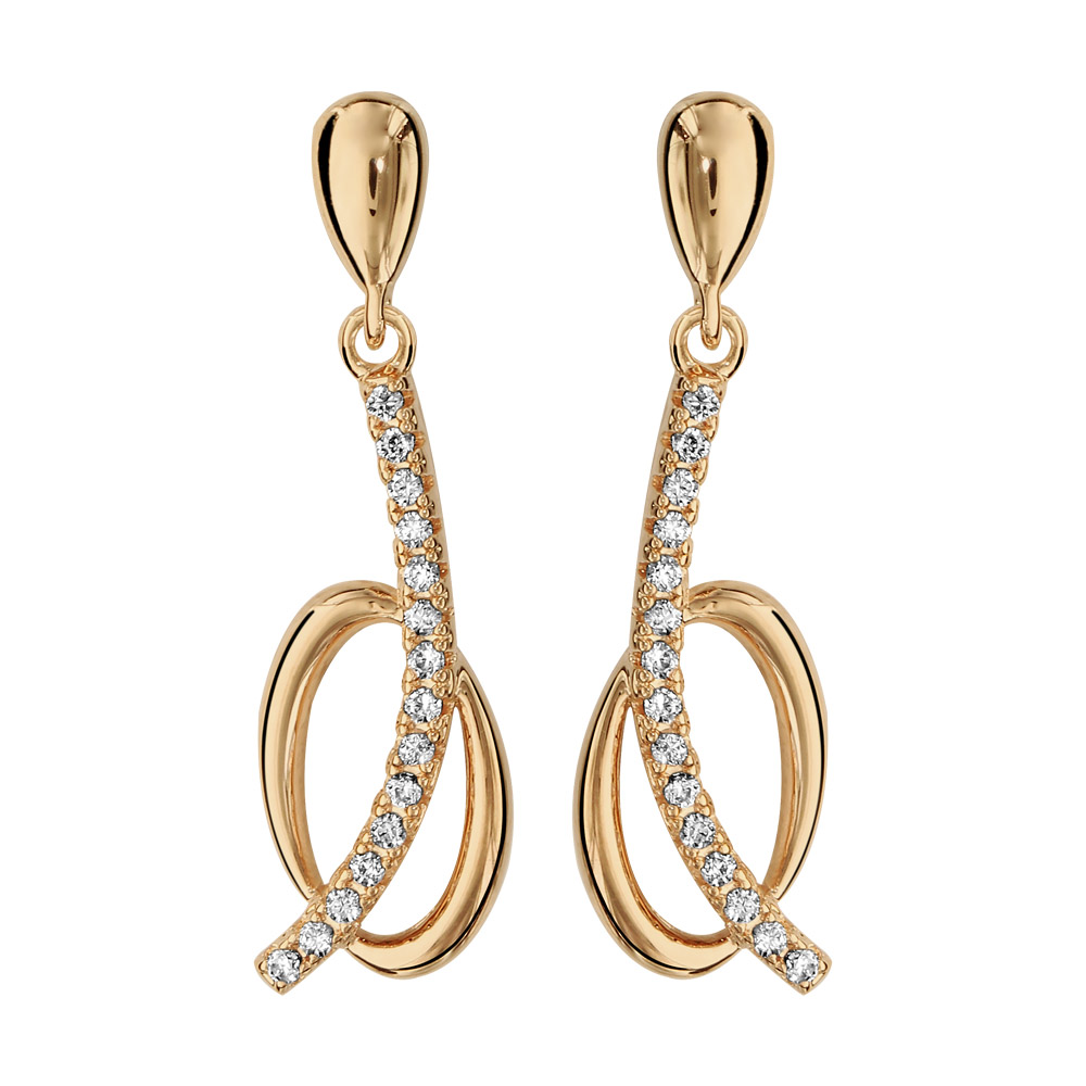 Boucles d’oreilles pendantes en plaqué or 1 rail courbé d’oxydes blancs suspendu superposé sur ovale lisse et fermoir poussette