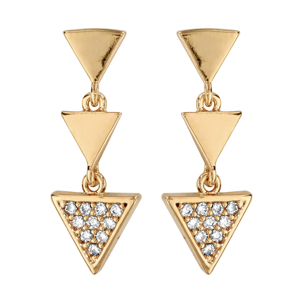 Boucles d’oreilles pendantes en plaqué or 3 triangles suspendus dont 1 pavé d’oxydes blancs sertis et fermoir poussette