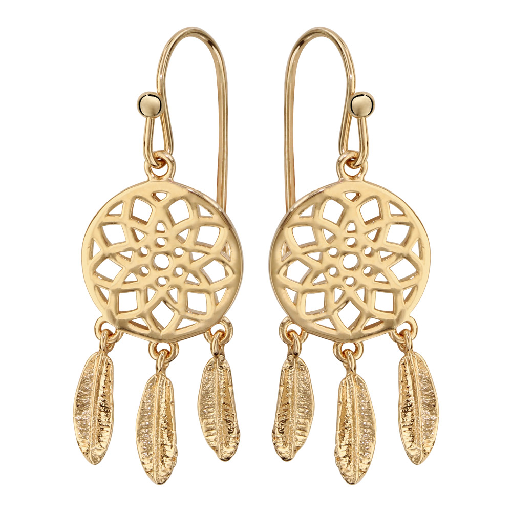 Boucles d’oreilles pendantes en plaqué or attrape rêve et fermoir crochet