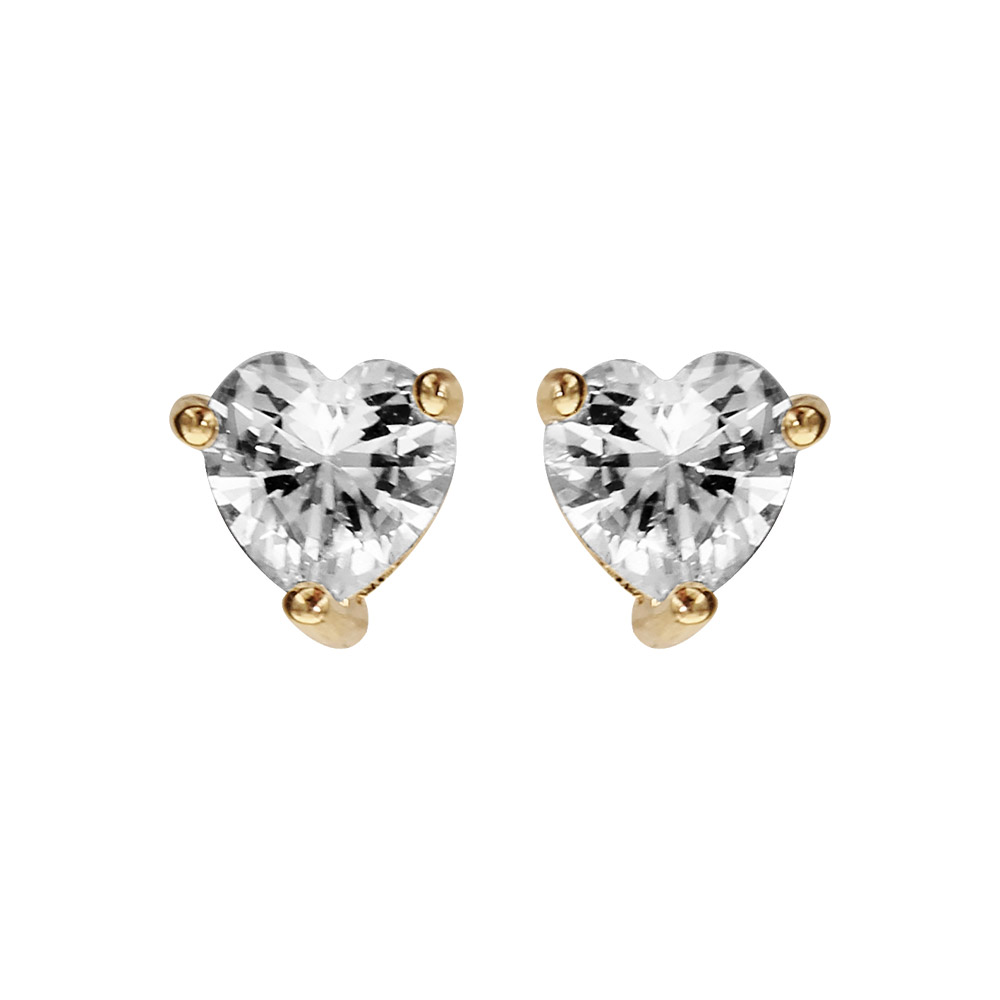 Boucles d’oreilles en plaqué or cœur en oxyde blanc avec 3 griffes et fermoir poussette