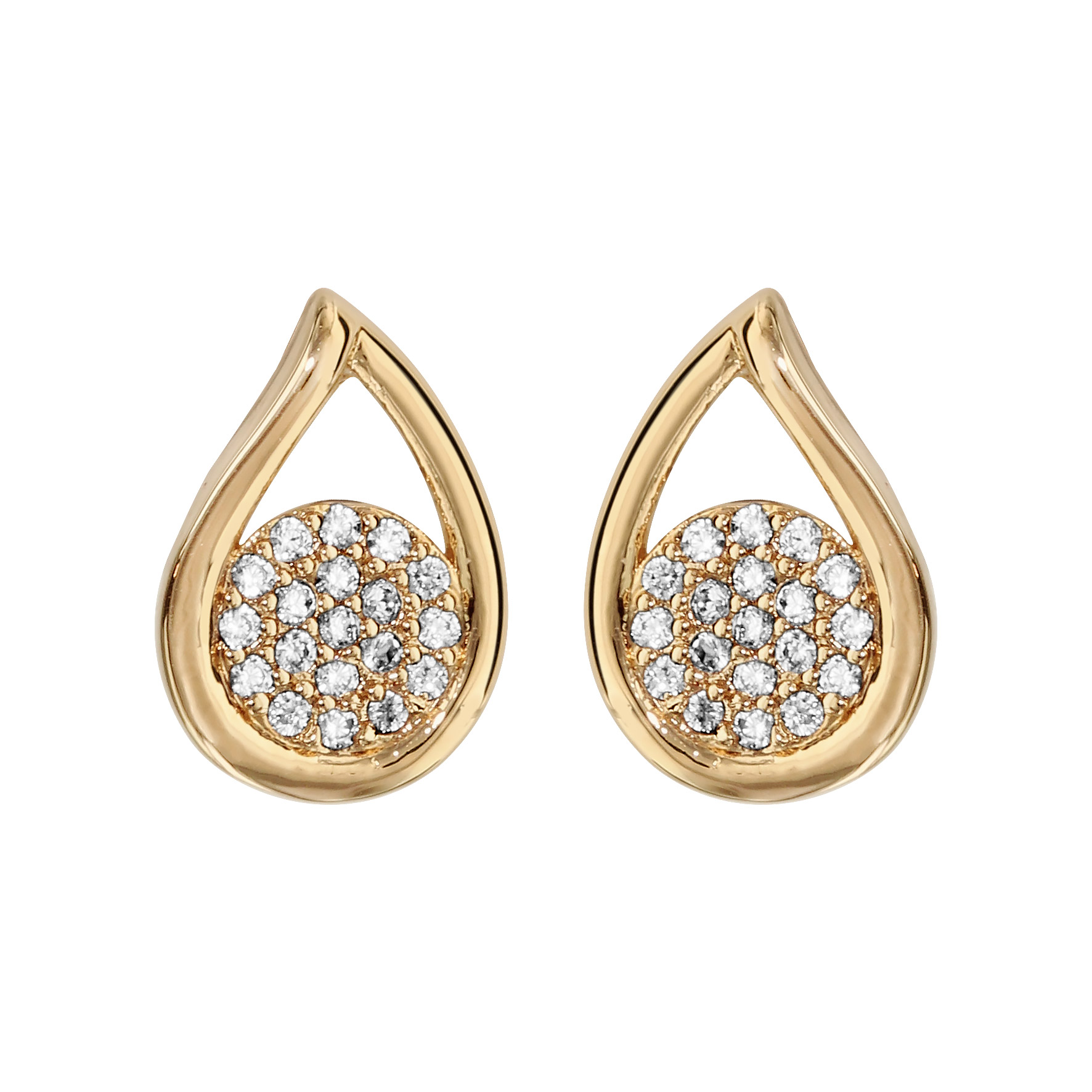 Boucles d’oreilles en plaqué or goutte évidée avec rond pavé d’oxydes blancs à l’intérieur et fermoir poussette