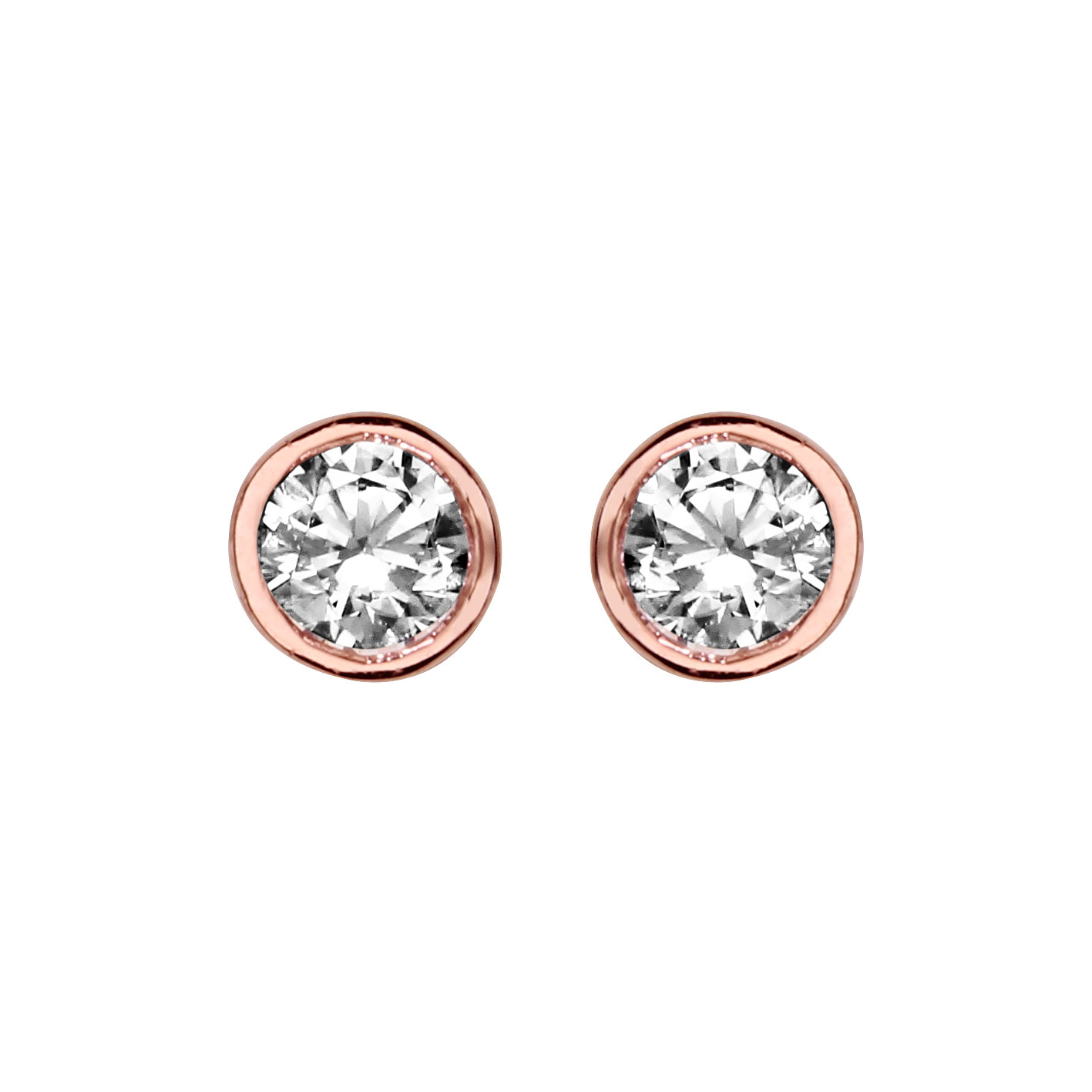 Boucles d’oreilles en plaqué or rose solitaire oxyde rond blanc serti clos et fermoir poussette