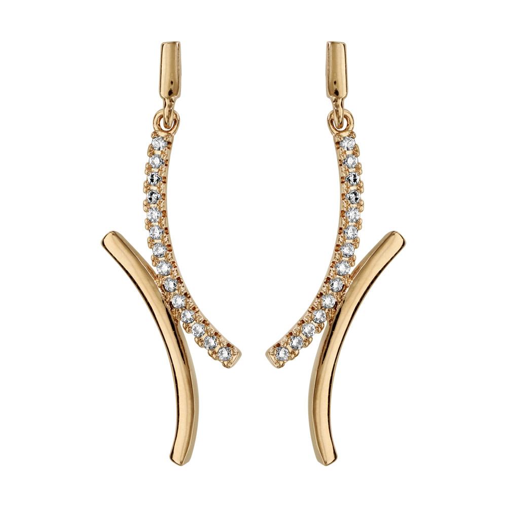 Boucles d’oreilles en plaqué or baguettes courbées collées dont 1 lisse et l’autre ornée d’oxydes blancs et fermoir poussette